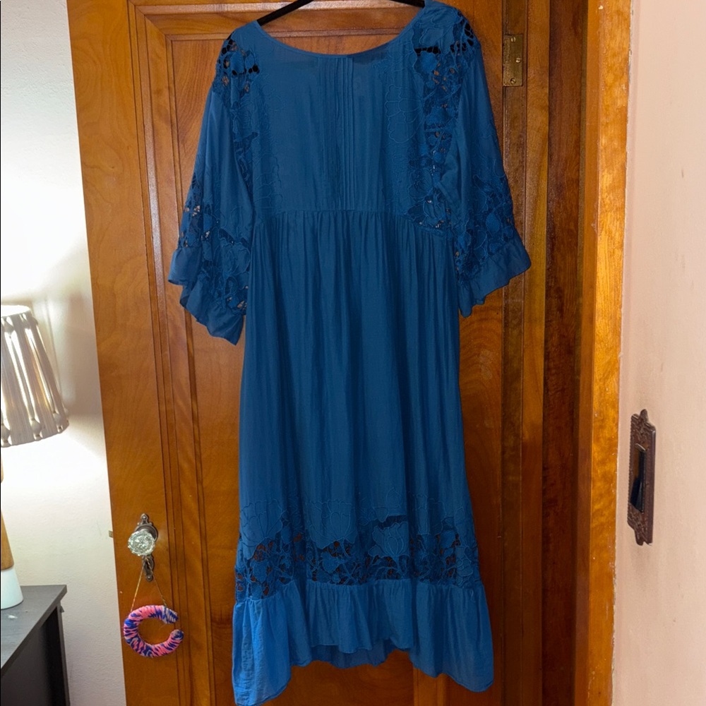 Akemi + Kin Anthropologie Blue Eyelet Meadow Midi Dress; XS; ruffle sleeves